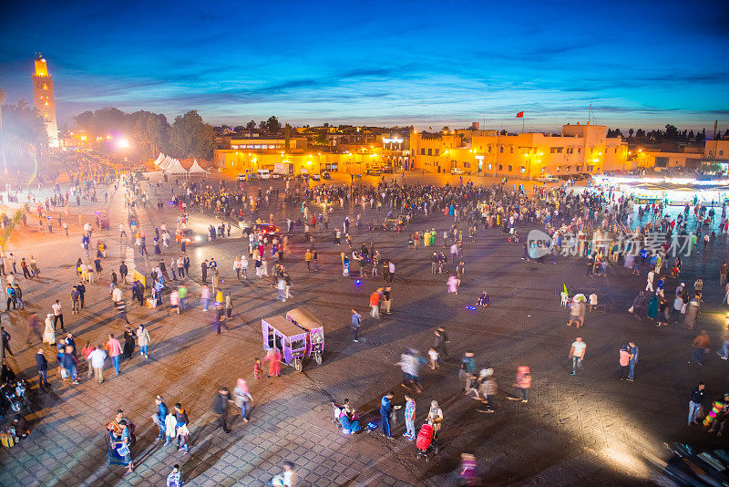 摩洛哥马拉喀什Koutoubia清真寺Djemaa El Fna广场夜景